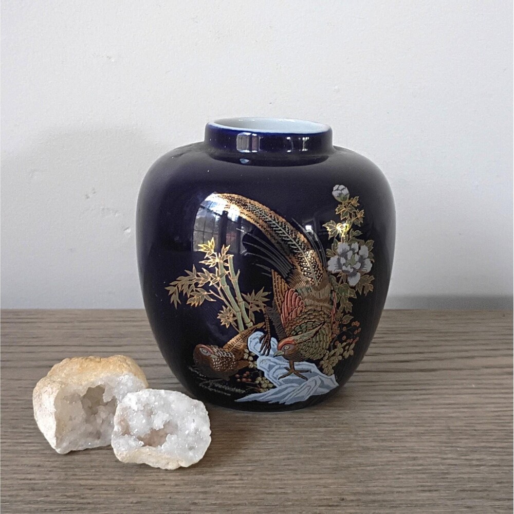 Vintage Chinoiserie Porcelain Ginger Jar Dark Blue Asian Floral Vase